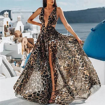 Suknelė Moterų Paplūdimio Vasaros Suknelės Beach Ilgai Moterų Ponios Naujų 2020 m. Sexy Diržas Leopard Poliesteris Moterų Tunika