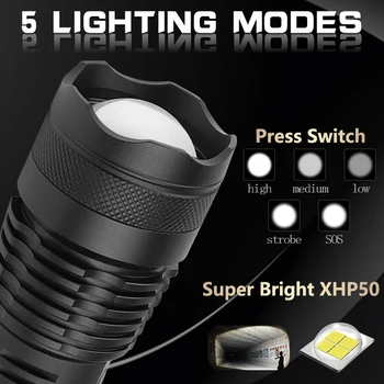 Super Šviesus XHP50.2 LED Žibintuvėlis Galingas USB Fakelas Zoomable LED Žibintuvėlis naudojant 18650/26650 Įkraunama Baterija