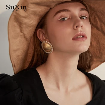 SuXin auskarai 2020 naujas paprastas retro kutas apvalus auskarai moterims, ilgai skirsnis dirbtinis perlas pakabukas auskarai papuošalai dovana
