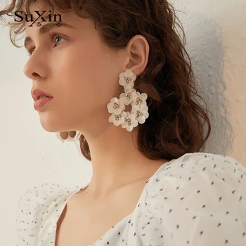 SuXin auskarai 2020 naujas paprastos baltos spalvos smulkių gėlių auskarai moterims, ilgai stiliaus su kristalų pakabukas auskarai papuošalai dovana