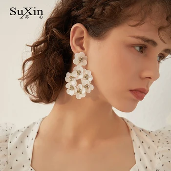 SuXin auskarai 2020 naujas paprastos baltos spalvos smulkių gėlių auskarai moterims, ilgai stiliaus su kristalų pakabukas auskarai papuošalai dovana