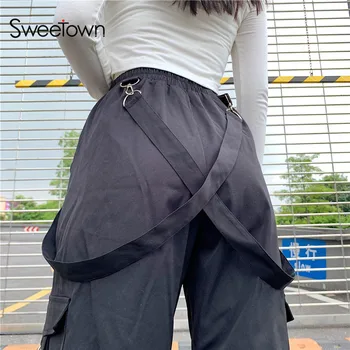 Sweetown Baggy Y2K Dirželiai Poilsiu Moterys Juoda Krovinių Kelnės Kratinys Didelis Kišenės E-Girl Streetwear Didelis Juosmens, Tiesios Kelnės