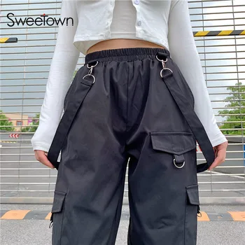Sweetown Baggy Y2K Dirželiai Poilsiu Moterys Juoda Krovinių Kelnės Kratinys Didelis Kišenės E-Girl Streetwear Didelis Juosmens, Tiesios Kelnės