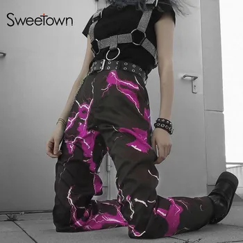 Sweetown Spausdinti Atsitiktinis Tiesiai Streetwear Kelnės Moterims Mados Aukštos Juosmens Poilsiu Lady Kišenės Ilgos Kelnės 2020 Gotikos Komplektai