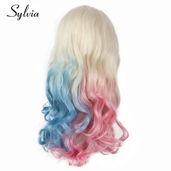 Sylvia Platinum Blonde Ombre Pusė rožinė/Pusė mėlyna Kėbulo Banga Sintetinių Nėriniai Priekiniai Perukai Gamtos Cosplay Karščiui Atsparus Pluoštas Plaukų