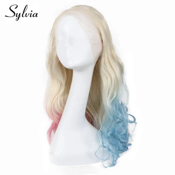 Sylvia Platinum Blonde Ombre Pusė rožinė/Pusė mėlyna Kėbulo Banga Sintetinių Nėriniai Priekiniai Perukai Gamtos Cosplay Karščiui Atsparus Pluoštas Plaukų