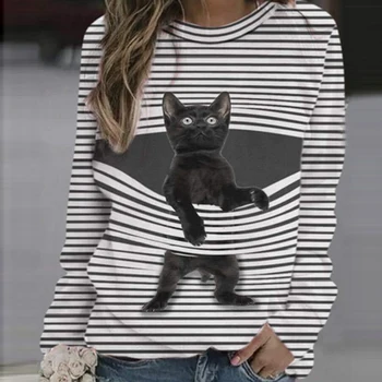 T-Shirt Marškinėliai Moterims Cute Kačių Užtrauktukas Spausdinti Moterų Atsitiktinis Pavasario Laisvas Megztinis O-Kaklo 2021 Naujas Ilgomis Rankovėmis Viršūnes Moterų Drabužiai