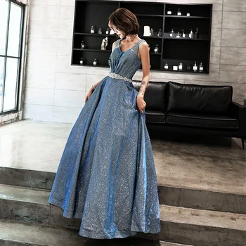 Tai YiiYa Vakaro Suknelė su V-kaklo, Rankovės Mėlynas Traukinys Seniai Oficialią Suknelės Spindi Krištolo Nėrinių Bakas Šalis Suknelė E072