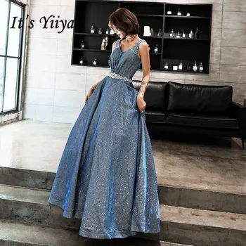 Tai YiiYa Vakaro Suknelė su V-kaklo, Rankovės Mėlynas Traukinys Seniai Oficialią Suknelės Spindi Krištolo Nėrinių Bakas Šalis Suknelė E072