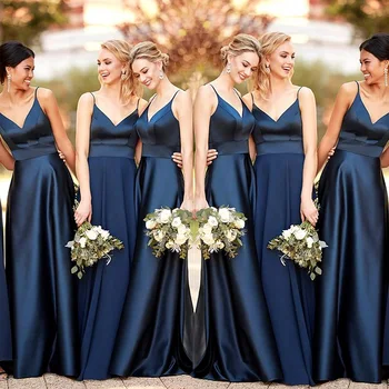 Tamsiai mėlyna Bridesmaid Dresses ilgai 2020-Line Satininiu Spagečiai dirželiai Vestuves Suknelė Bridesmaid grupė suknelė vestuvių