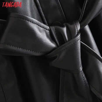 Tangada Moterų derliaus kutas juoda faux odos striukė, paltas su diržu ilgomis Rankovėmis prarasti negabaritinių Kailis QN42