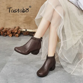 Tastabo natūralios Odos aukšto kulno moterų batai minimalistinis Retro stiliaus Rankų darbo storas kulnas moterų batai S9938 Juoda Ruda užtrauktukas