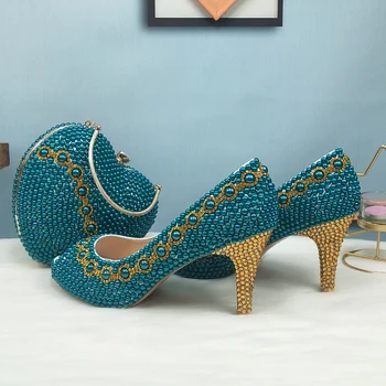 Teal Blue Pearl vestuvių batai su atitikimo krepšiai nuotakos šalis suknelė, aukštakulniai platformos batai Atidaryti Tne batų Žuvų Kojų žalia mėlyna