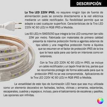 Tira LED lanksti regulable IP65 220V AC 60/ 5 Metro RGB Varios Colores elegible. tira de led luces LED para tele