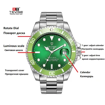 Top Brand Vyrų Mechaninė Žiūrėti TEVISE T801A Automatinė Data Mados Laikrodžiai Rotable Išorinis Atveju, Žalia Vyrų Laikrodis Tvirtinimo Įrankis