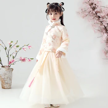Tradicinis Kinų Senovės Siuvinėjimo Naujųjų Metų Mergaičių Suknelės Han Fu Kinijos Gėlių Mergaitės Suknelė Dramaturgic Skraiste Suknelė