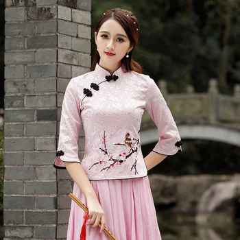 Tradicinės Kinų Marškinėliai 2019 Viršuje Moterų Pavasario Cheongsam Qipao Rytų Stiliaus Drabužių, Retro Vintage Ponios Kinijos Viršūnių FF1827