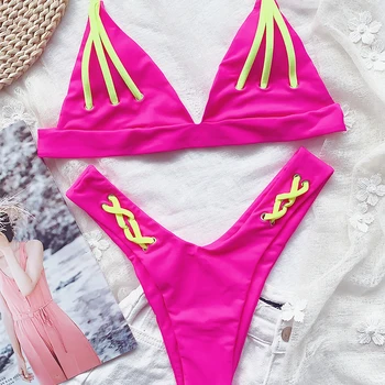 Trikampis micro bikini Kratinys neoninės rožinės spalvos maudymosi kostiumėlis moterims Seksualus apynasrio maudymosi kostiumėliai, Aukštos sumažinti maudymosi kostiumą, Backless paplūdimio drabužiai Besimaudančių