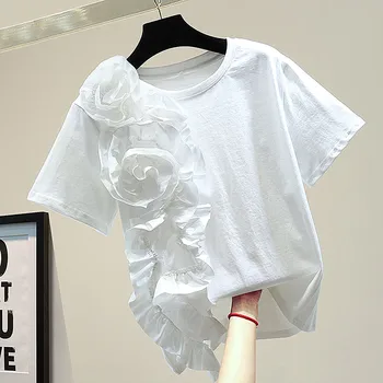 Trimatis Gėlių T-shirt Moterų 2020 M. Vasarą Japonijos Laisvi Juodas Tee Mados Asmenybės Susiuvimo Grybelis, Moterų Topai