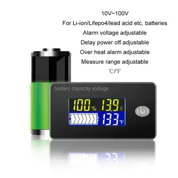 Univerisal Baterijos Talpos Indikatorius 12V 24V 36V 48V 60V 72V 10-100V Li-ion Lifepo4 Švino rūgšties Baterijos Monitorius su temperatūra