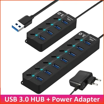 USB Hub 3.0, USB 3.0 Hub Splitter 4 / 7 Uosto On/Off Jungiklis su Maitinimo Adapteris usb šakotuvą už 