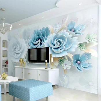 Užsakymą Bet kokio Dydžio 3D Sienų Freskomis Tapetai, 3D Stereoskopinis Paramos Mėlynos Gėlės Kambarį, TV Foną Foto tapetų Miegamasis