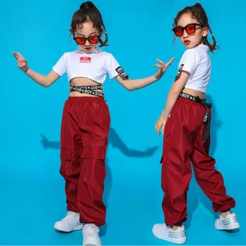 Vaikai Džiazo Šokio Kostiumai Mergaitėms Hip-Hop ' o Drabužiai Balti Marškiniai Raudonas Kelnes Etape Nustatyti, Gatvės Šokėjas Drabužiai Vaikams Etape Šokių drabužiai