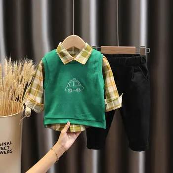 Vaikai Kostiumas Rudenį Vaikų Drabužių Džentelmenas Berniuko Kostiumas peteliškę ilgomis rankovėmis T-shirt + Liemenė + Kelnės 3pcs Rinkiniai 1-6yrs 2021