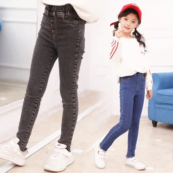 Vaikai Mergina Kelnės Slim Kietas Džinsai 2019 Naujų Mergaičių Liesas Pieštuko Pants Plus Aksomo Šiltas Mergaičių Kelnės Aukštos Kokybės