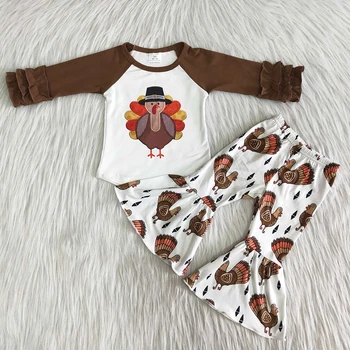 Vaikai rudos spalvos rankovėmis marškinėliai ir bell kelnes apranga kūdikių mergaičių mados turkija apranga boutique mergina Padėkos dieną 2vnt komplektas