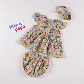 Vaikams kūdikių mergaitėms trumpomis rankovėmis gėlių suknelės+nuosėdos+lankas kaspinai bamblys kūdikių princesė atsitiktinis medvilnės drabužių rinkiniai 3pcs 0-3Y