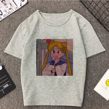 Vasaros 2020 Naujas Produktas Mielas Sailor Moon Anime Spausdinti Viršuje Japonų Stiliaus Pilkos spalvos Drabužius Harajuku Mielas Panele T-shirt Mados Viršų