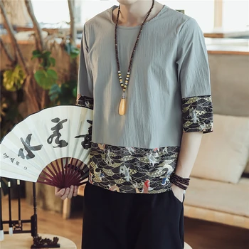 Vasaros 2020 Vintage Marškinėliai Siuvinėjimo Kinijos Viršuje Medvilnės Skalbiniai Karpis Kung Fu Hanfu Tradicinės Kinų Drabužių Vyrams Palaidinė