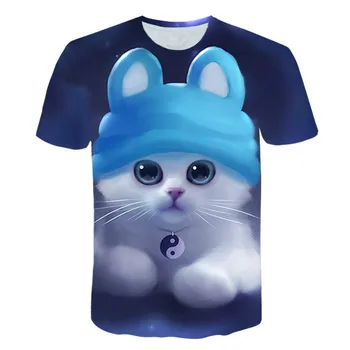 Vasaros drabužių berniukų ir mergaičių, miela juoda ir balta katė T-shirt, madingi ir įdomus 3D laisvalaikio T-shirt, Pasisekė Katė