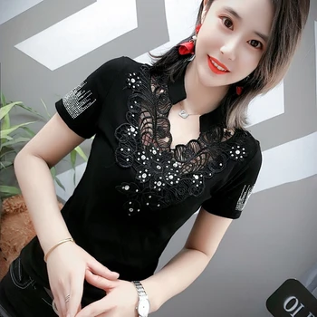 Vasaros korėjiečių Drabužius T-shirt Mados Seksualus Siuvinėjimo Deimantų Moterų Viršūnių Ropa Mujer Medvilnės trumpomis Rankovėmis Marškiniai Tees Naujas T03803