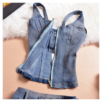Vasaros slim užtrauktukas džinsinis diržas viršuje + single-breasted skylę džinsinio šortai moterims dviejų dalių rinkiniai