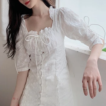 Vasaros suknelė 2019 m. derliaus boho moterų siuvinėta suknelė seksualus mini paplūdimio balta nėrinių suknelė pynimas mygtuką atsitiktinis vestidos elegantiškas