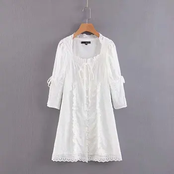 Vasaros suknelė 2019 m. derliaus boho moterų siuvinėta suknelė seksualus mini paplūdimio balta nėrinių suknelė pynimas mygtuką atsitiktinis vestidos elegantiškas