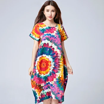 Vasaros suknelė Moterų Paplūdimio suknelė vestidos Prarasti Atsitiktinis pluse dydis-trumpomis rankovėmis medvilnės skalbiniai spausdinti moteriški drabužiai moterų SS265