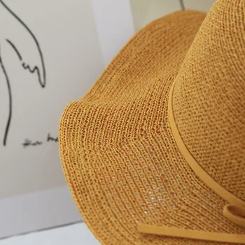Vasarą Saulės Paplūdimio Skrybėlę Mergina Rankomis Austi Plačios Kraštų Chapeau Femme Minkštas Išardomi Šiaudų Skrybėlę Panama Kelionių Saulės Skydelis