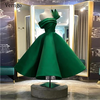 Verngo Naujo Dizaino Green Satino Vakare Šalis Suknelės Trumpas Stebėjimo Unikalus Klostes Purus Arbata Ilgis 2021 Prom Chalatai Saudo Arabija
