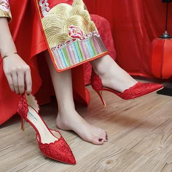 Vestuvių Batai Moterų 2020 m. torija Raudona Naujo Stiliaus Vestuvinius Batelius Kinų Kinų Tradicinių Vestuvių Suknelė Šilko Audiniai Kulniukai, Plonas Kulnas