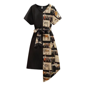 Vintage Suknelė Moterims Vasaros 2020 Atsitiktinis Palaidų Spausdinti Susiuvimo Nereguliarus Streetwear Suknelės Ponios V-kaklo Tvarstis Midi Vestido
