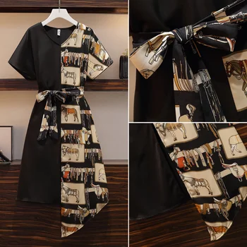 Vintage Suknelė Moterims Vasaros 2020 Atsitiktinis Palaidų Spausdinti Susiuvimo Nereguliarus Streetwear Suknelės Ponios V-kaklo Tvarstis Midi Vestido