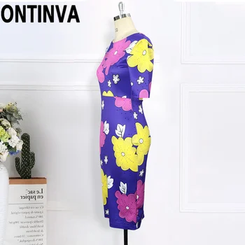 Violetinė Geltona Spausdinimo Gėlių Bodycon Suknelė Moterims trumpomis Rankovėmis Midi Ilgio Elegantiškas Kuklus Stora Apvalkalą Vasaros Office Suknelės