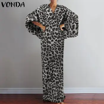 VONDA 2021 m. Derliaus Suknelės Leopard Print Suknelė Moterų Rudenį Sundress Atsitiktinis ilgomis Rankovėmis Suknelė Moterų Bohemijos V-Kaklo Maxi Skraiste