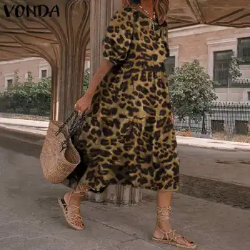 VONDA Mados Leopard Print Suknelė Moterims, Trumpas Sluoksniuotos Rankovėmis Vasaros Suknelė Bohemijos 
