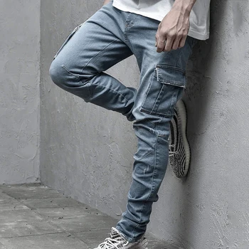 Vyrai Džinsinio Audinio Kelnės Vientisos Spalvos Plonas Kišenės Vyriškos Kelnės Nuosėdos Liesas Ilgų Kelnių Rudenį 2020 Mados Atsitiktinis Jeans Mens