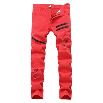 Vyrai Kelis Užtrauktukas Apdailos Atsitiktinis Hip-Hop Jeans Balta Raudona Skylę Plonas Liesas vyrų Kankina Džinsai Streetwear Džinsinio audinio Kelnės