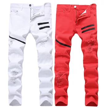 Vyrai Kelis Užtrauktukas Apdailos Atsitiktinis Hip-Hop Jeans Balta Raudona Skylę Plonas Liesas vyrų Kankina Džinsai Streetwear Džinsinio audinio Kelnės